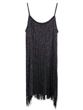 Womens Metallic Fringe Mini Dress Black Sequin Flapper Cocktail Party Size L/14